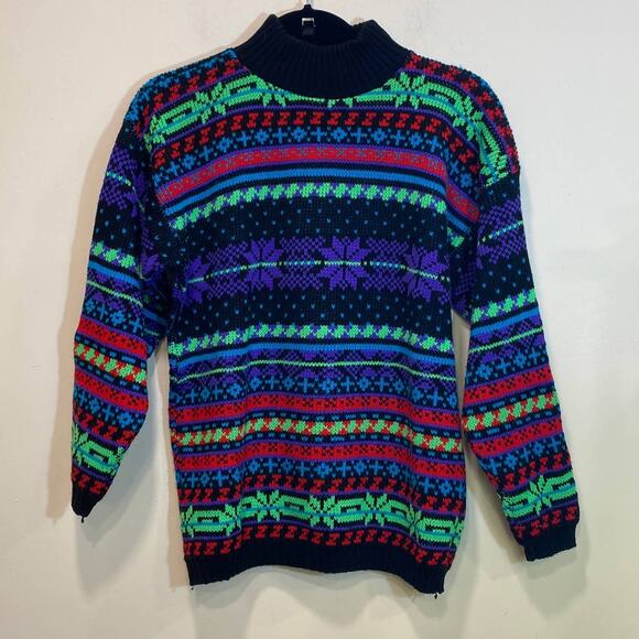 80’s Neón Colors Knitted Retro Sweater USA Made Fair Isle Style M - Picture 4 of 9